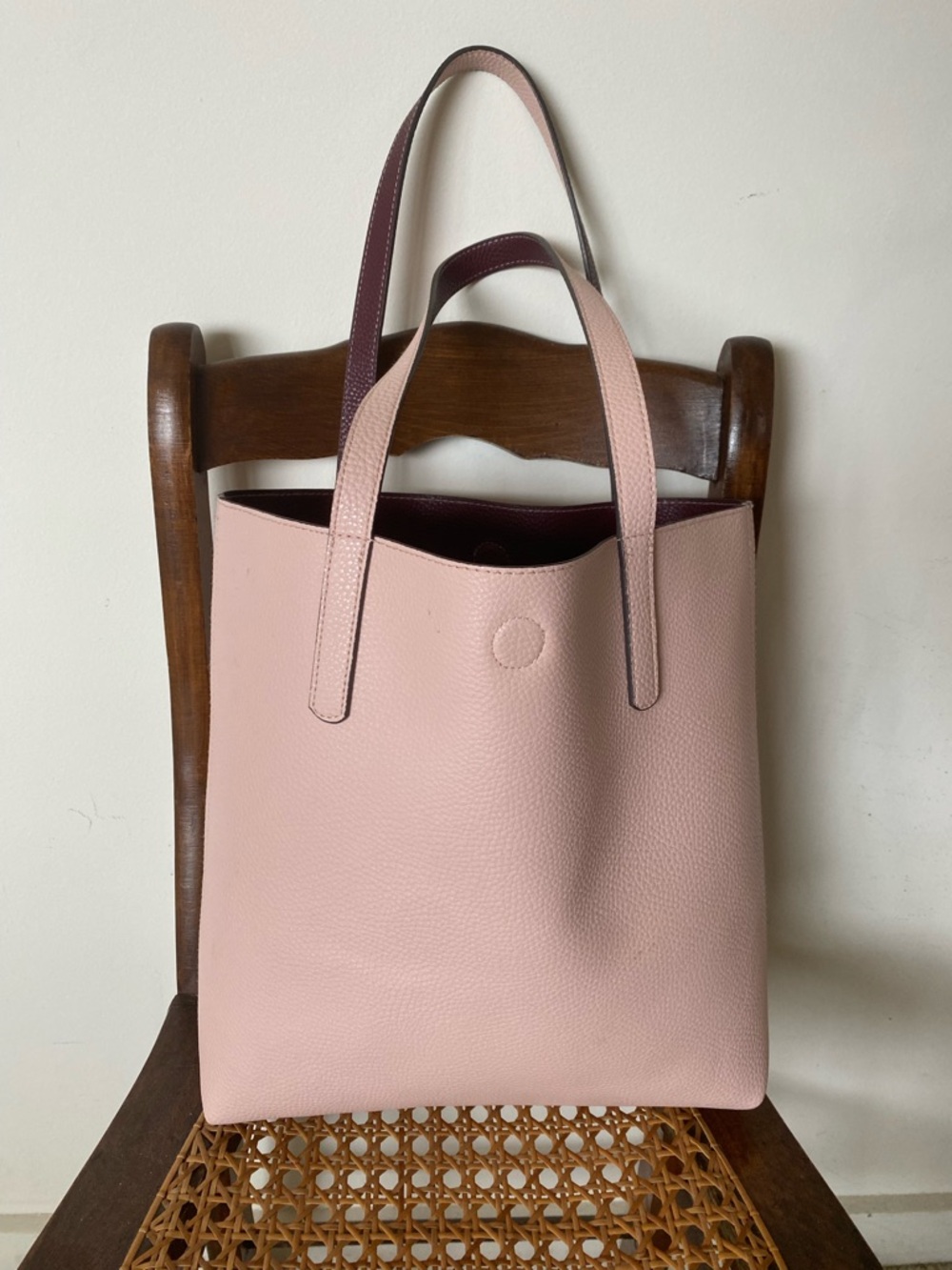 Minimalist Pink and Burgandy Reversible Faux Leather Tote Bag with Magnetic Snap